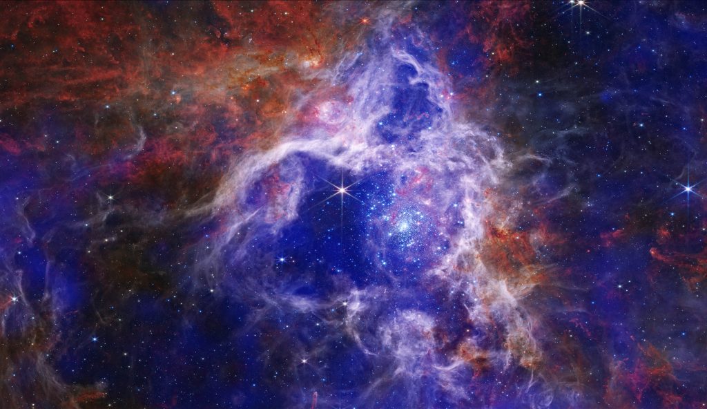 Das Chandra-Röntgenobservatorium hat sich mit dem James Webb Raumfahrtteleskop zusammengetan, um ein neues, beeindruckendes Bild des Tarantelnebels zu erstellen. Die Röntgenstrahlen von Chandra (in Königsblau und Violett dargestellt) zeigen extrem heißes Gas und Überreste von Supernova-Explosionen, während Webb die sich bildenden Baby-Sterne sichtbar macht. Im Gegensatz zu den meisten Nebeln in unserer Milchstraße weist der Tarantelnebel eine chemische Zusammensetzung auf, die den Bedingungen in unserer Galaxie vor mehreren Milliarden Jahren ähnelt - als die Sternentstehung auf ihrem Höhepunkt war. Für die Astronomen ist dieser Nebel das perfekte Fenster zu der Frage, wie sich die Sterne in unserer Galaxie in der fernen Vergangenheit gebildet haben. X-ray: © NASA/CXC/Penn State Univ./L. Townsley et al.; IR: © NASA/ESA/CSA/STScI/JWST ERO Production Team